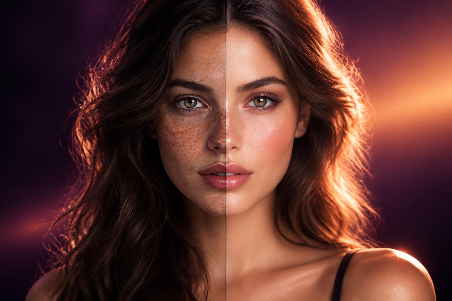 Concept image showing a natural portrait split into a retouched, glowing version