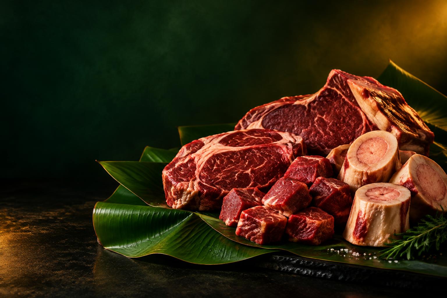 Concept photography of fresh beef cuts and marrow bones on green leaves against a dark green background